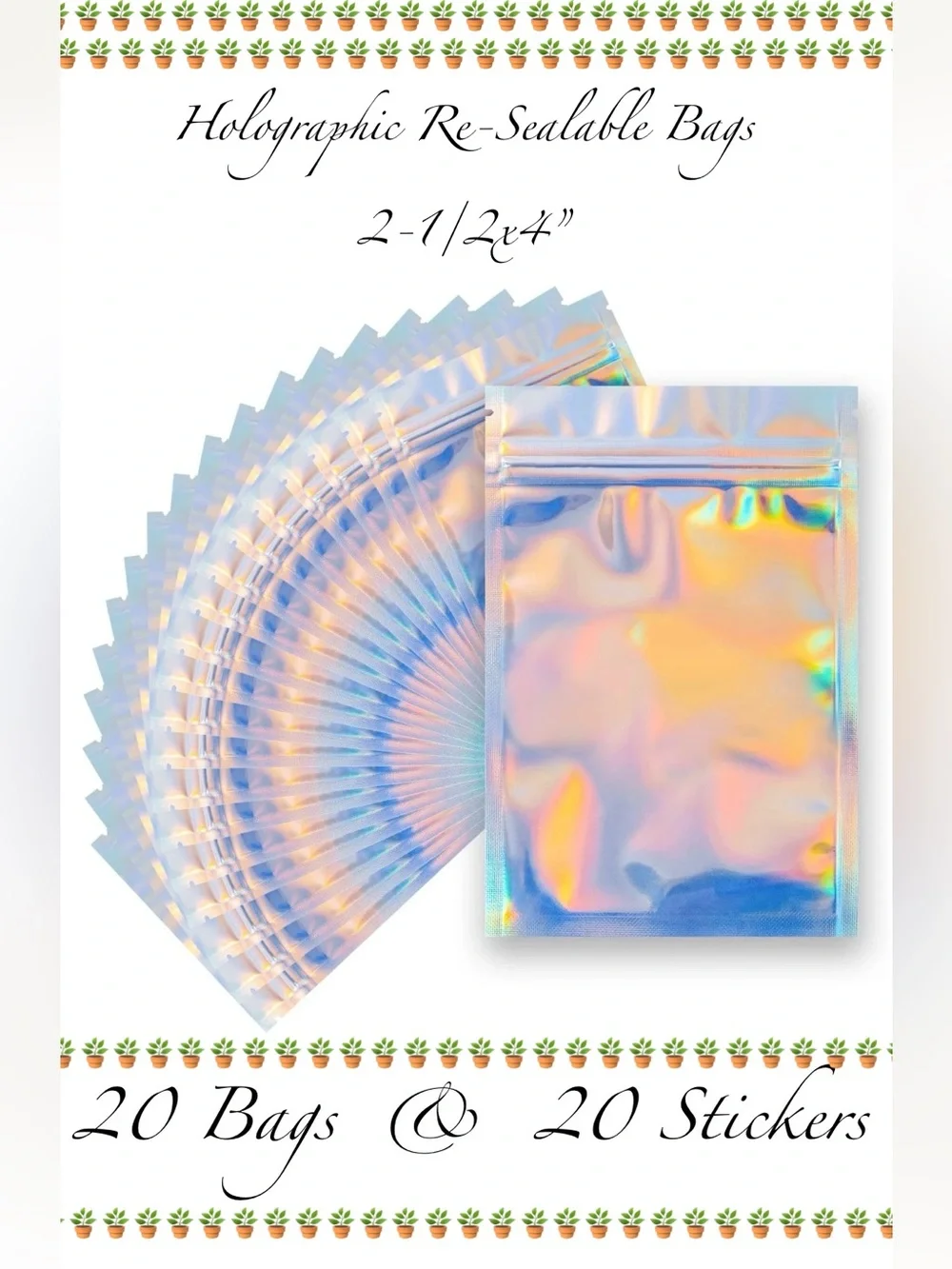 Holographic Re-Sealable Bags 2-1/2x4” 20ct~NEW~W/20ct Free Thank you stickers